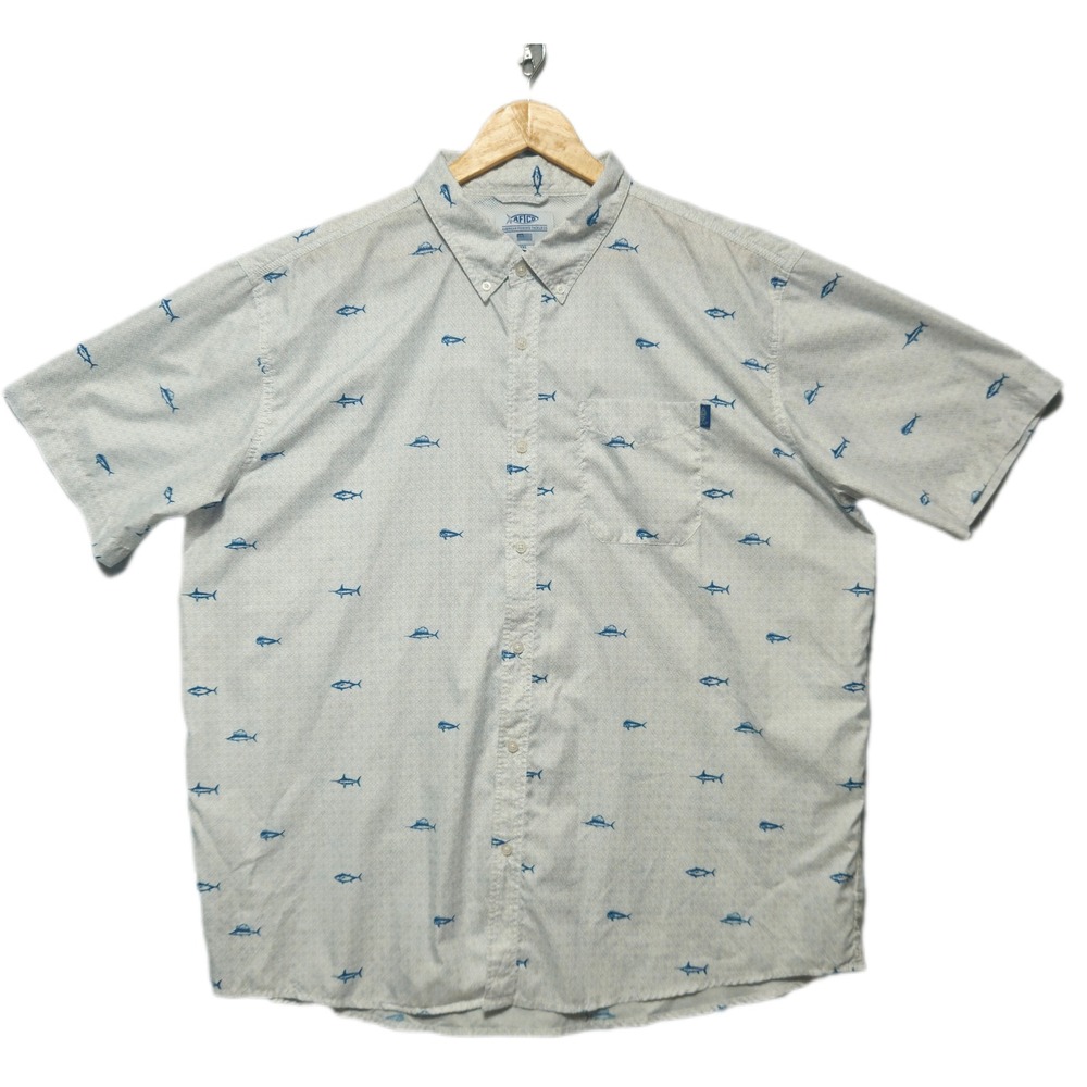 AFTCO Mens 2XL Short Sleeve Button Down Fishing Shirt White Blue Marlin Print